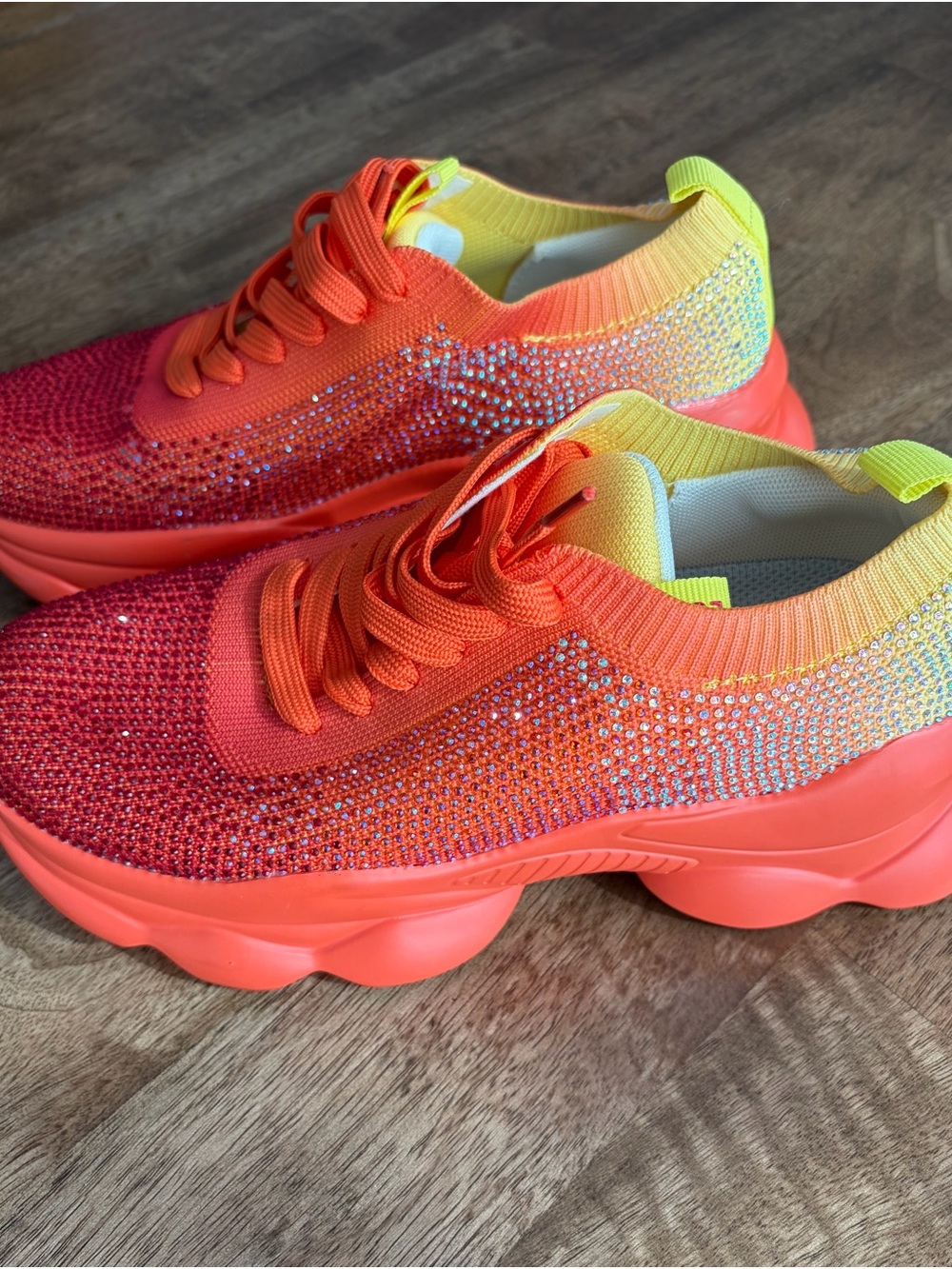 Women's Lucky Step Sequins Knit Platform Sneakers - Neon Orange, Red & Yellow